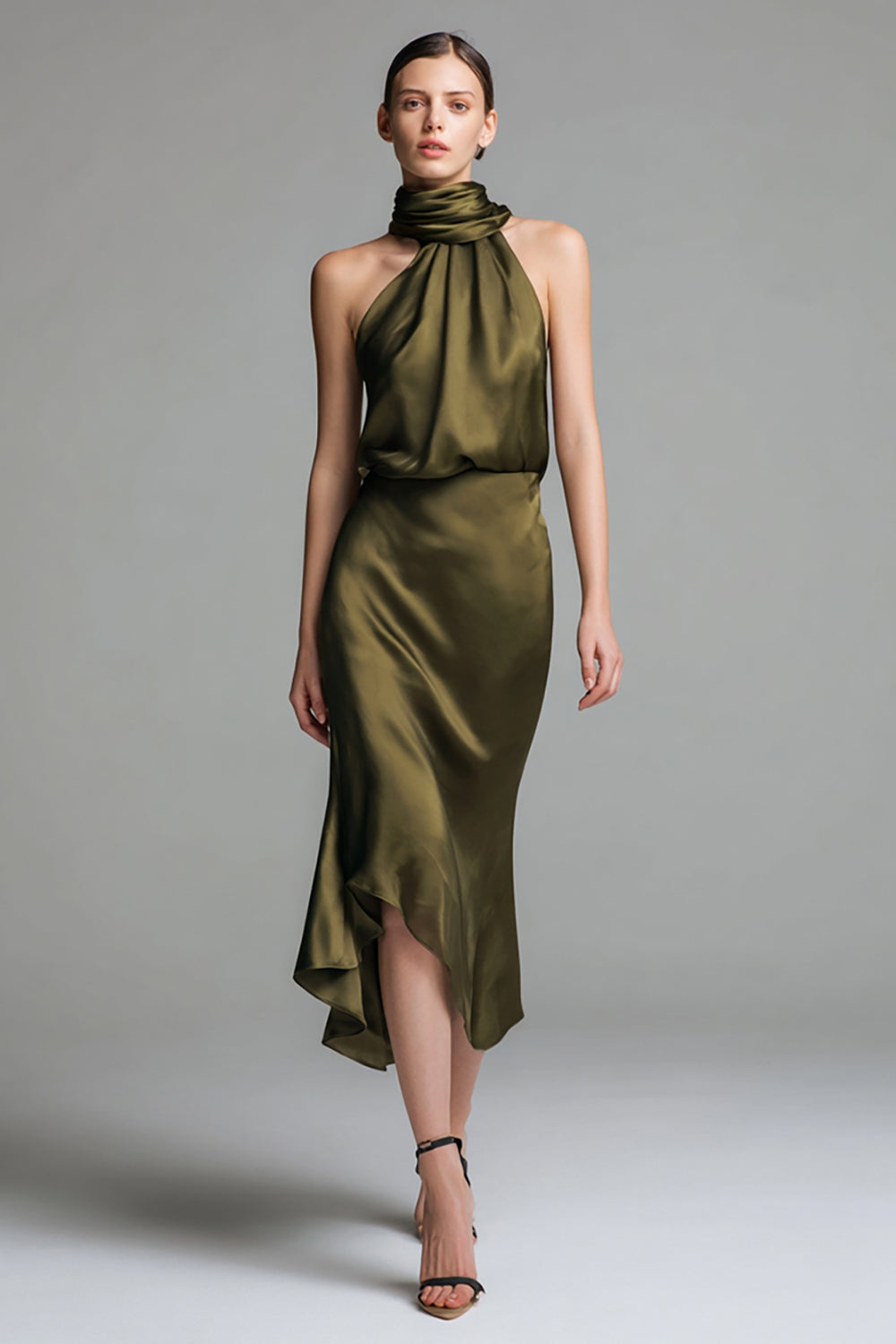 Olive Satin Sheath Halter Neck Ruffled Midi Formal Dress