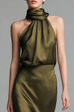 Olive Satin Sheath Halter Neck Ruffled Midi Formal Dress