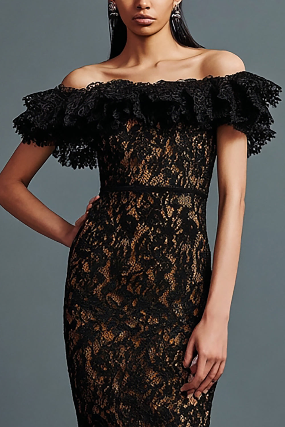 Black Lace Ruffled Sheath Off the Shoulder Long Formal Dress