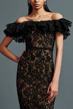 Black Lace Ruffled Sheath Off the Shoulder Long Formal Dress