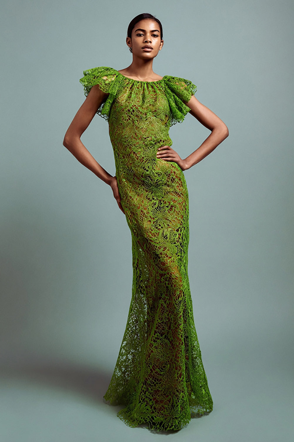 Green Lace Sheath Boat Neck Long Formal Dress with Sleeves