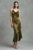 Olive Satin Cowl Neck Long Formal Dress with Ruffled Hem