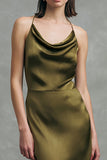 Olive Satin Cowl Neck Long Formal Dress with Ruffled Hem