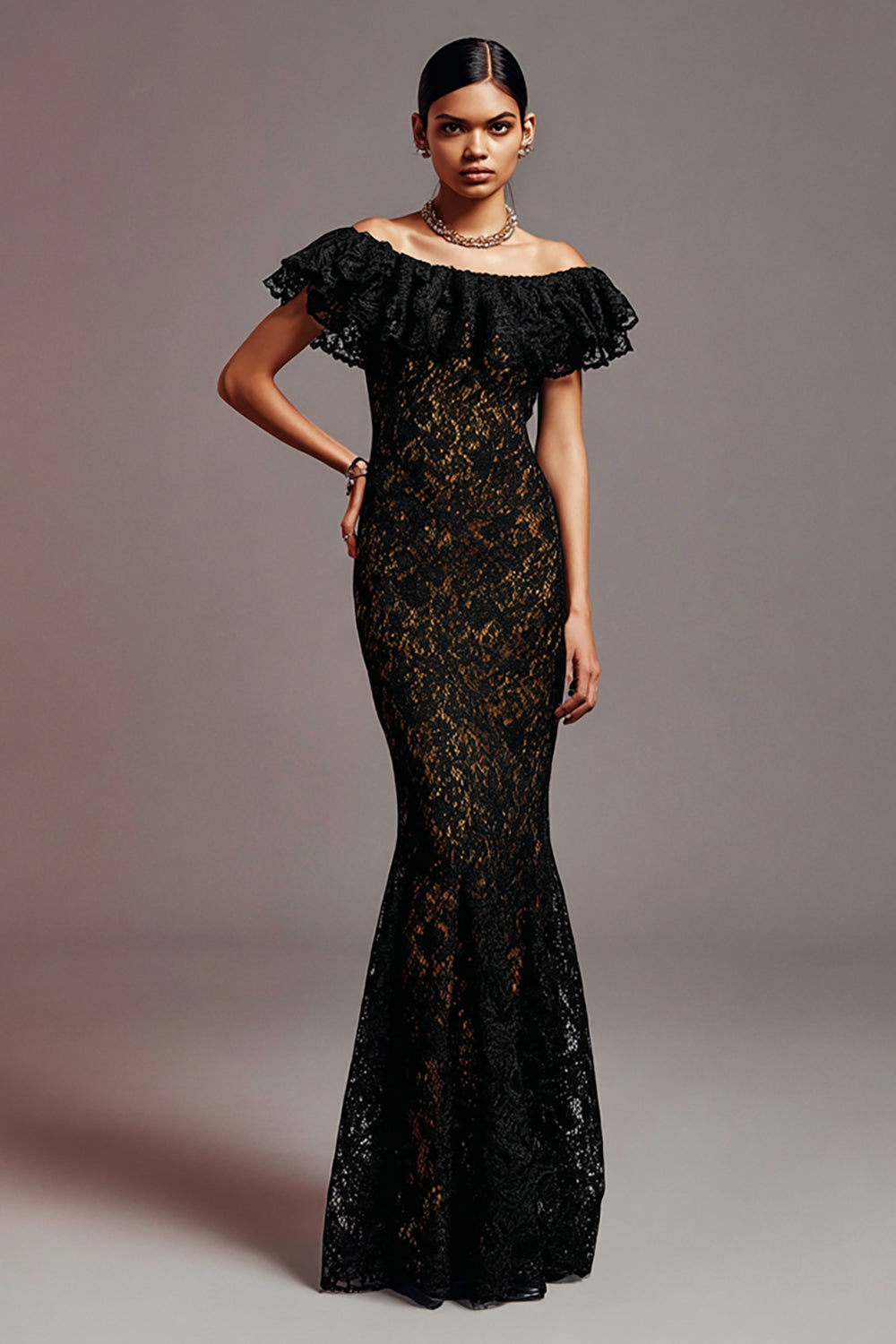 Black Lace Mermaid Off the Shoulder Long Formal Dress with Ruffles
