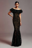 Black Lace Mermaid Off the Shoulder Long Formal Dress with Ruffles