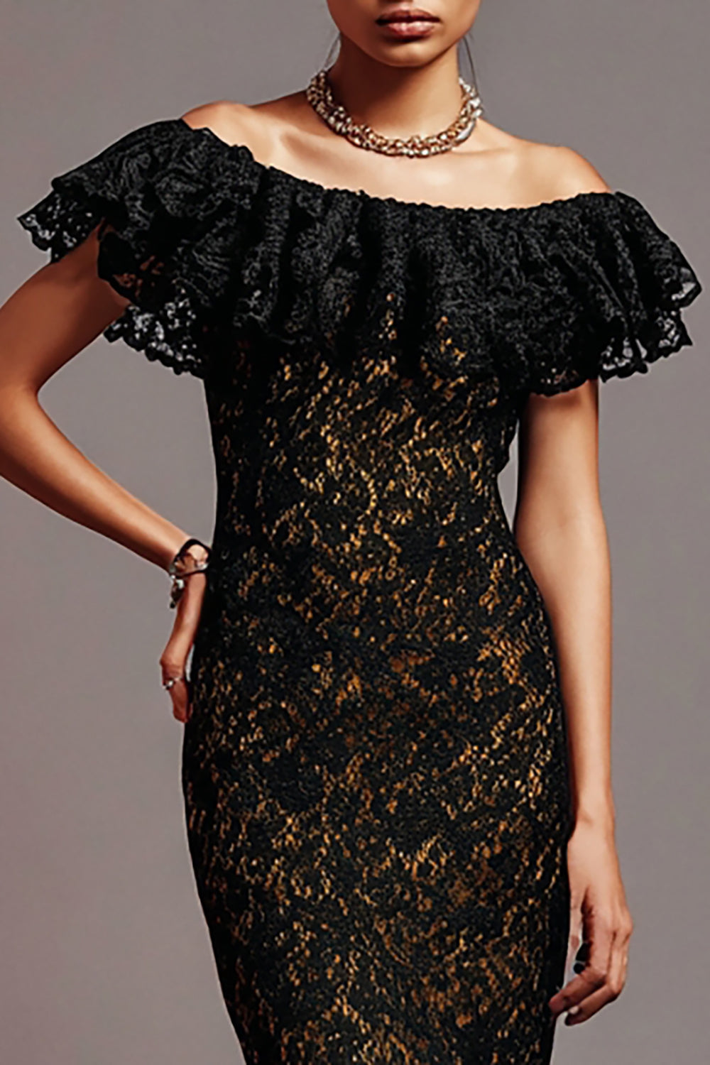 Black Lace Mermaid Off the Shoulder Long Formal Dress with Ruffles