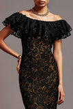 Black Lace Mermaid Off the Shoulder Long Formal Dress with Ruffles