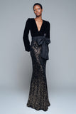 Sparkly Black Mermaid Sequins V-Neck Long Formal Dress with Bow