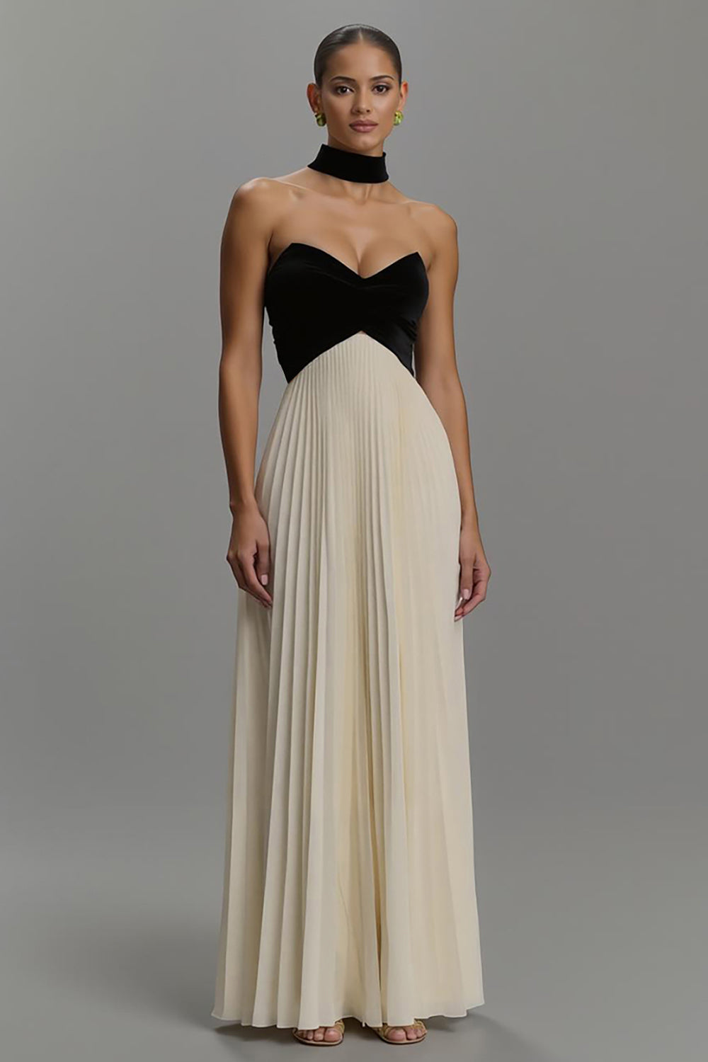 Black and Ivory A Line Chiffon Pleated Long Formal Dress