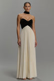 Black and Ivory A Line Chiffon Pleated Long Formal Dress