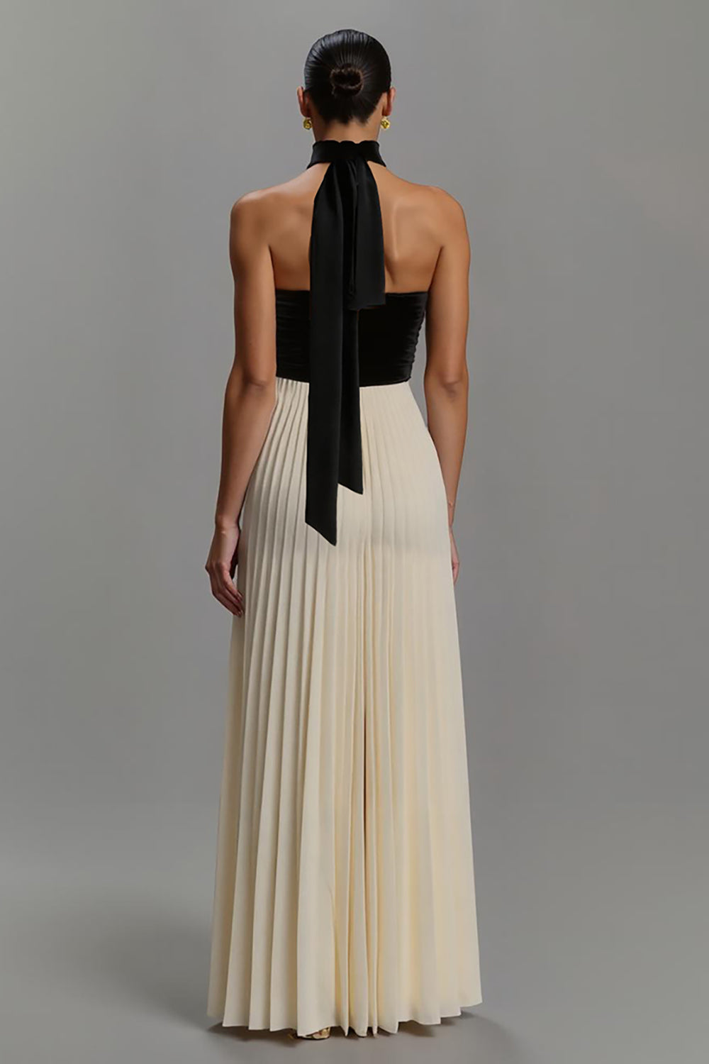 Black and Ivory A Line Chiffon Pleated Long Formal Dress
