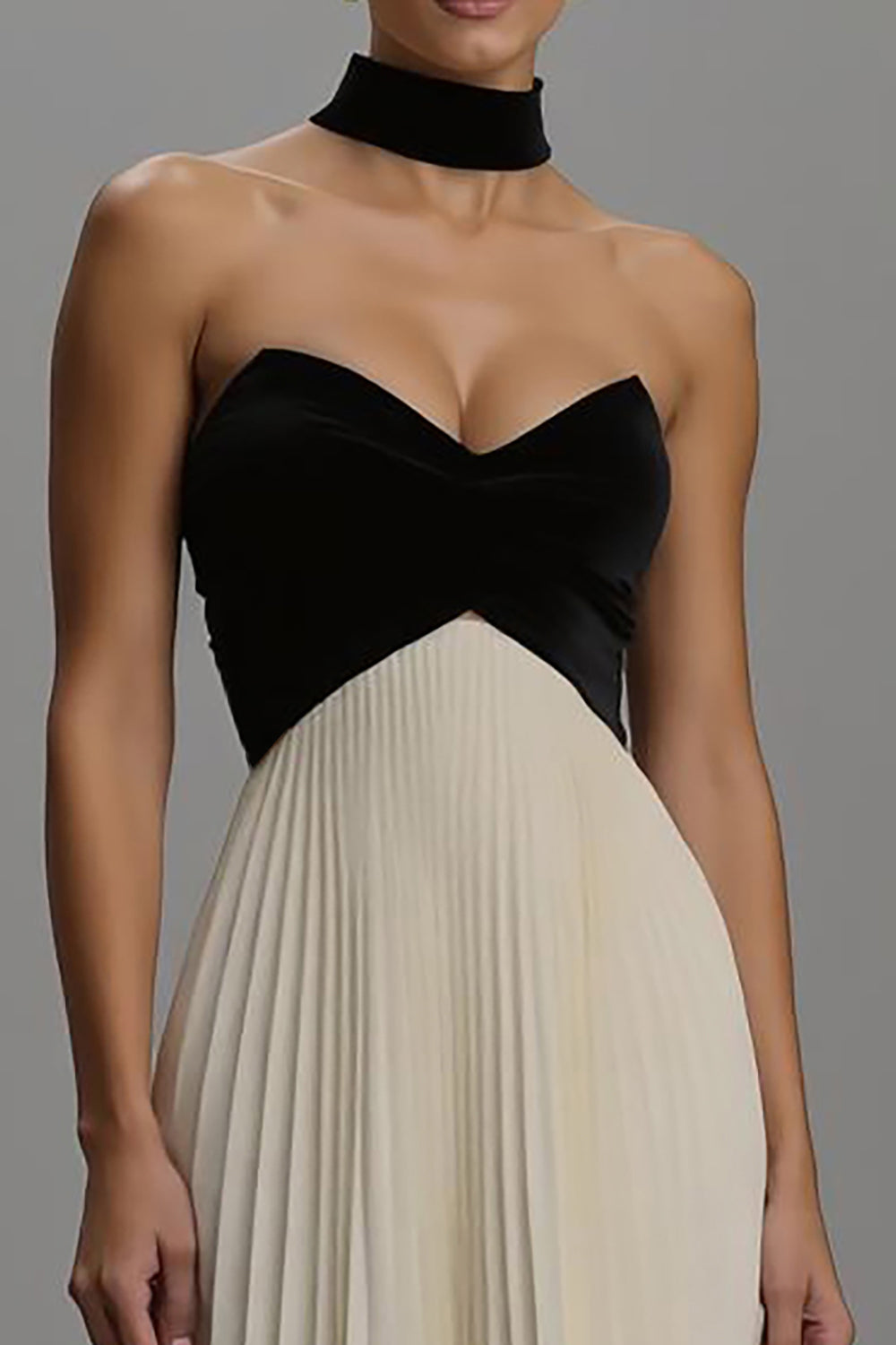 Black and Ivory A Line Chiffon Pleated Long Formal Dress