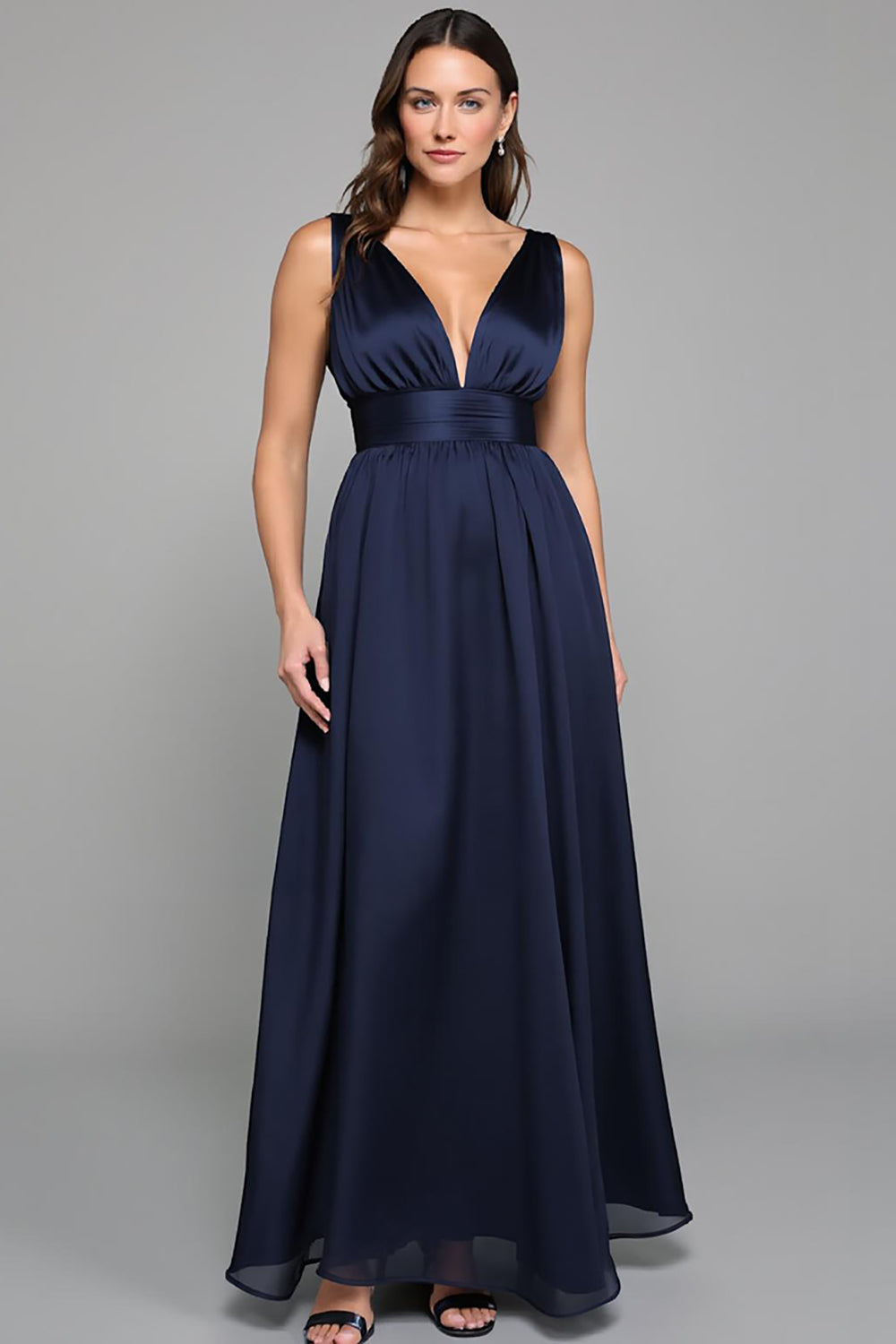 Navy A Line Chiffon V Neck Long Formal Dress