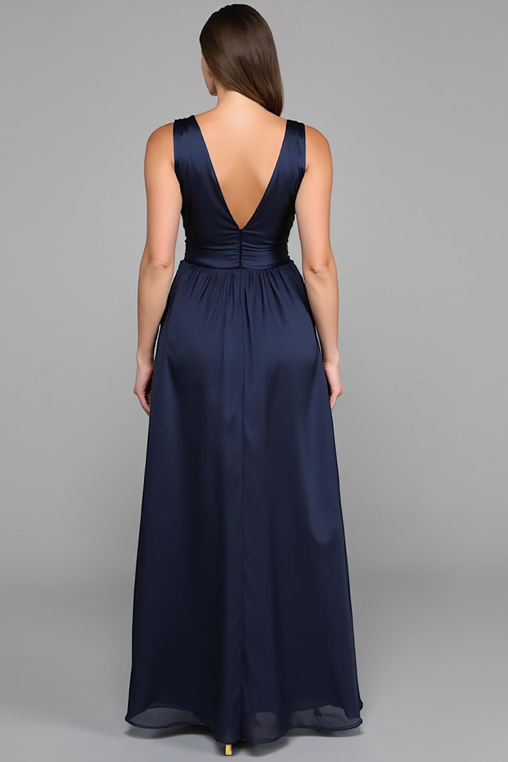 Navy A Line Chiffon V Neck Long Formal Dress