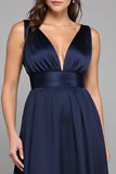 Navy A Line Chiffon V Neck Long Formal Dress