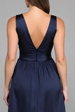 Navy A Line Chiffon V Neck Long Formal Dress