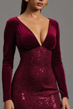 Sparkly Burgundy Sheath Sequins Long Formal Dress with Slit