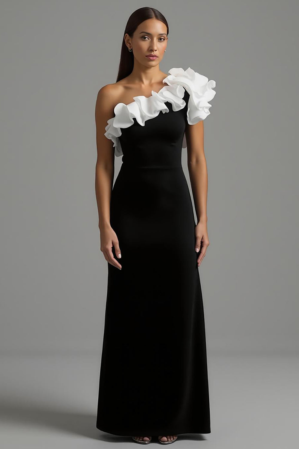 Black White A Line One Shoulder Ruffled Long Formal Dress