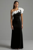 Black White A Line One Shoulder Ruffled Long Formal Dress
