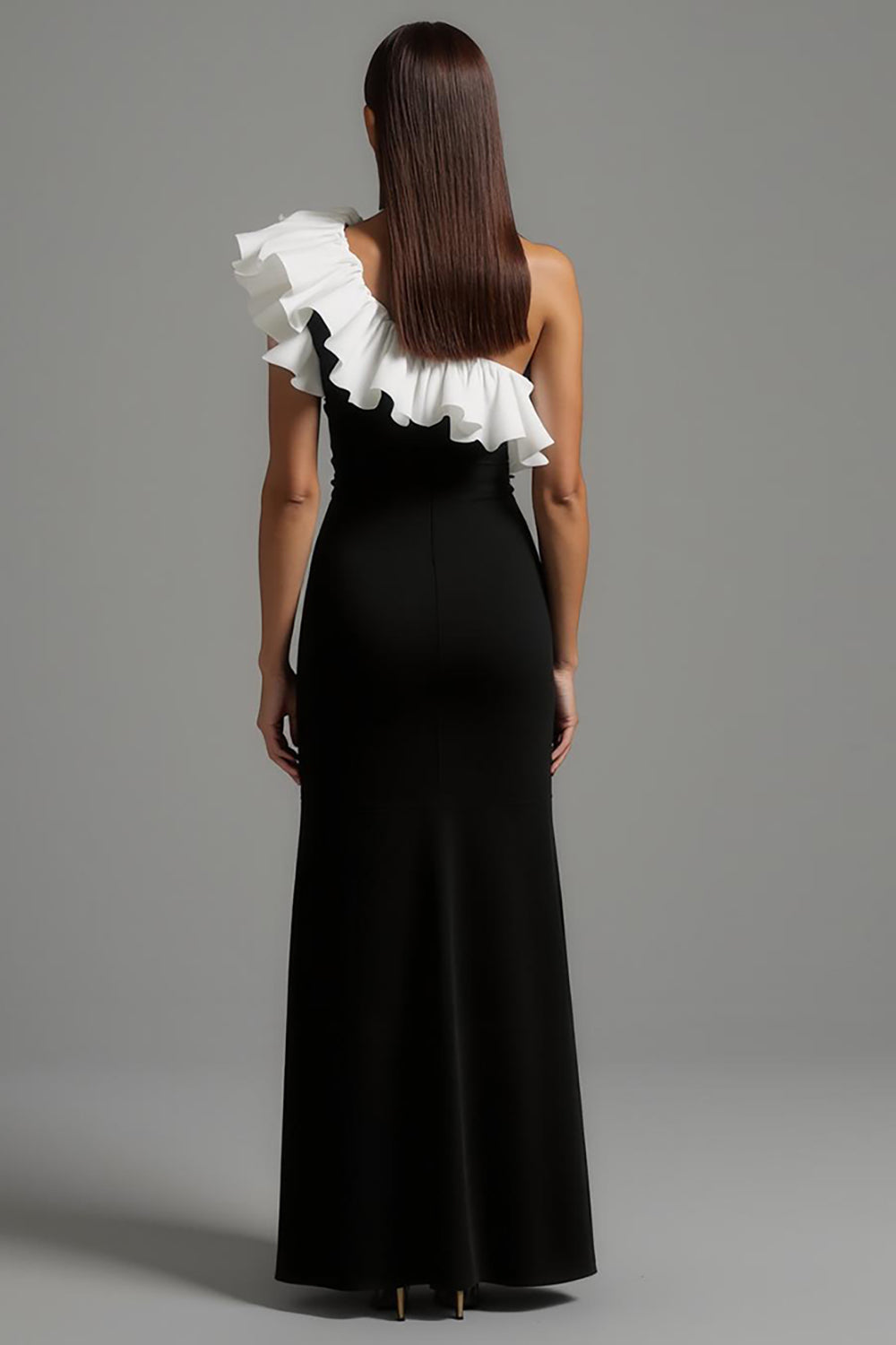 Black White A Line One Shoulder Ruffled Long Formal Dress