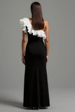 Black White A Line One Shoulder Ruffled Long Formal Dress