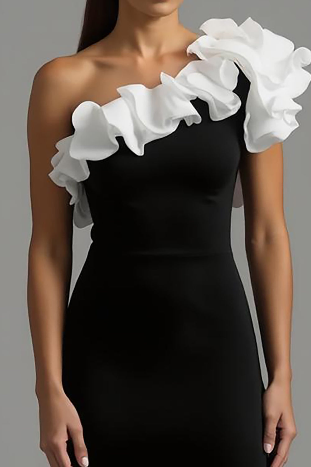 Black White A Line One Shoulder Ruffled Long Formal Dress