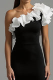 Black White A Line One Shoulder Ruffled Long Formal Dress
