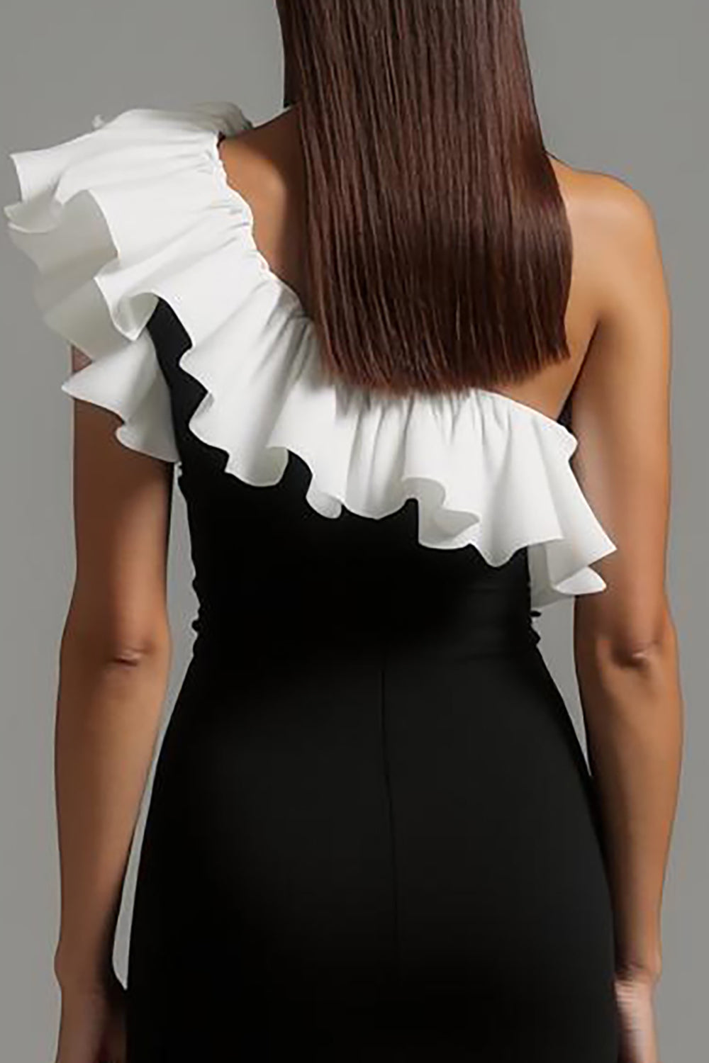 Black White A Line One Shoulder Ruffled Long Formal Dress