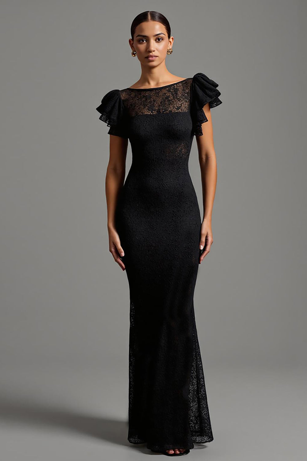 Black Lace Mermaid Boat Neck Ruffled Long Formal Dress