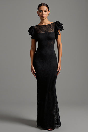 Black Lace Mermaid Boat Neck Ruffled Long Formal Dress