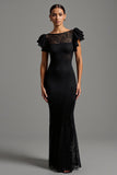 Black Lace Mermaid Boat Neck Ruffled Long Formal Dress