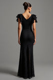 Black Lace Mermaid Boat Neck Ruffled Long Formal Dress