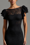 Black Lace Mermaid Boat Neck Ruffled Long Formal Dress
