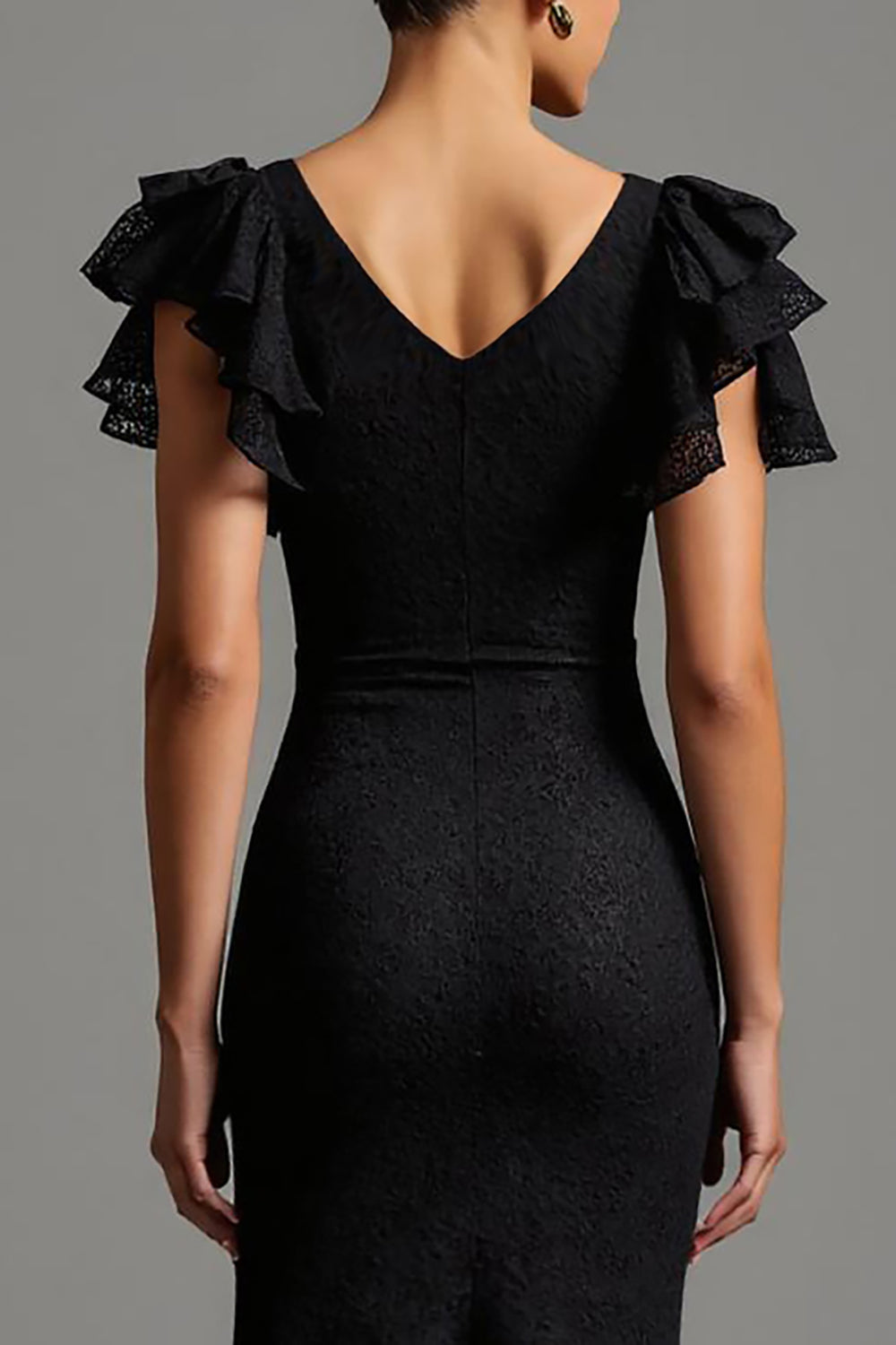 Black Lace Mermaid Boat Neck Ruffled Long Formal Dress