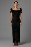 Black Sheath Lace Square Neck Long Formal Dress with Ruffles