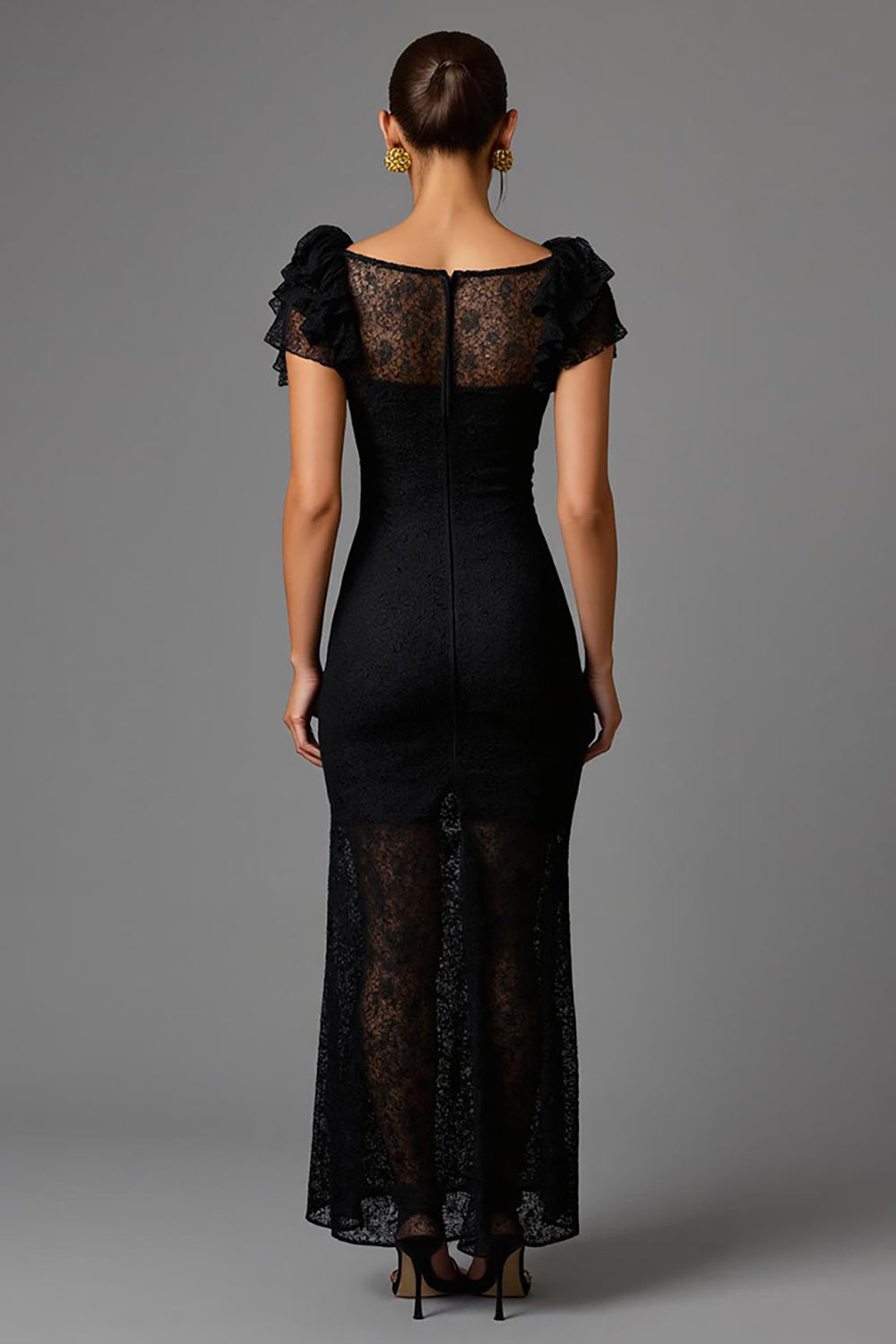 Black Sheath Lace Square Neck Long Formal Dress with Ruffles