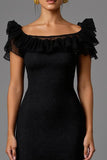Black Sheath Lace Square Neck Long Formal Dress with Ruffles
