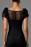 Black Sheath Lace Square Neck Long Formal Dress with Ruffles