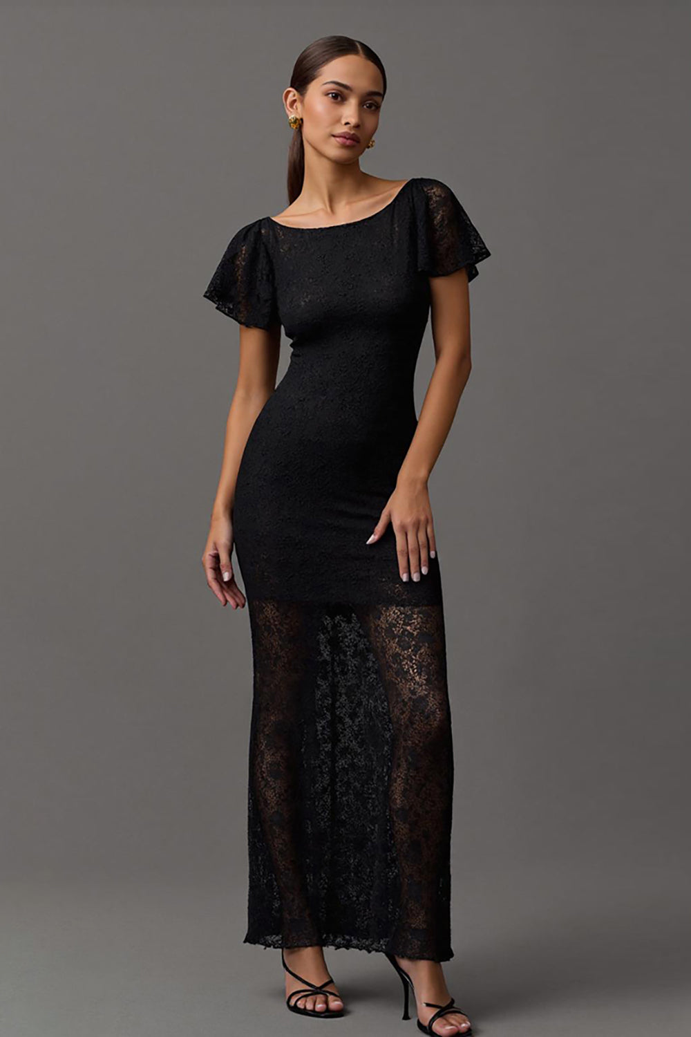 Black Lace Round Neck Sheath Long Formal Dress with Sleeves