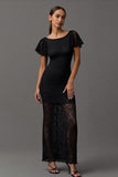 Black Lace Round Neck Sheath Long Formal Dress with Sleeves