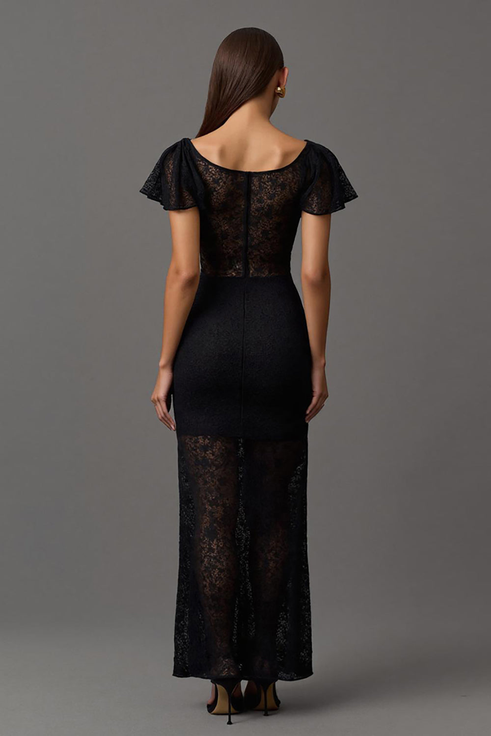 Black Lace Round Neck Sheath Long Formal Dress with Sleeves