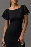 Black Lace Round Neck Sheath Long Formal Dress with Sleeves