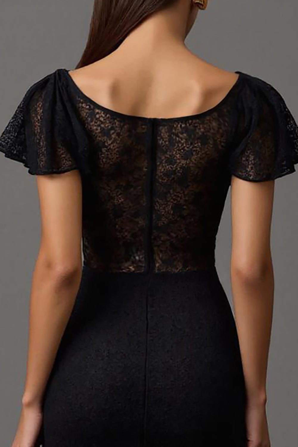 Black Lace Round Neck Sheath Long Formal Dress with Sleeves