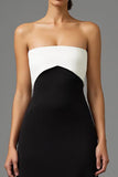 Black White Sheath Satin Strapless Long Formal Dress with Bow