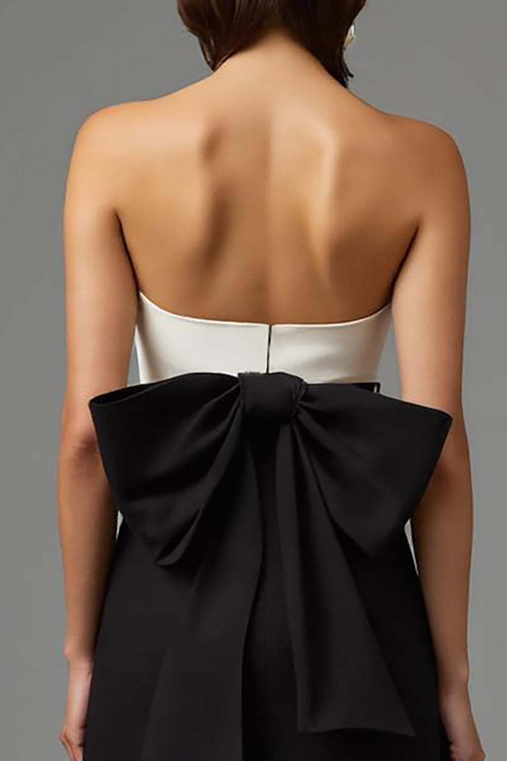 Black White Sheath Satin Strapless Long Formal Dress with Bow
