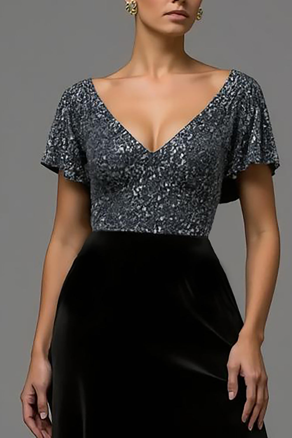 Sparkly Black and Grey A Line Velvet Long Formal Dress with Sequins