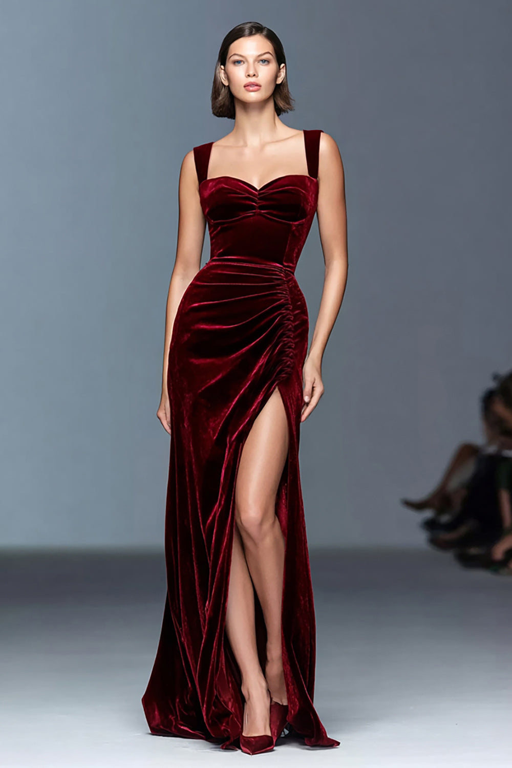 Black Velvet Sheath Ruched Long Formal Dress with Slit