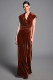Caramel V Neck Sheath Velvet Long Formal Dress with Sleeves