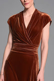 Caramel V Neck Sheath Velvet Long Formal Dress with Sleeves