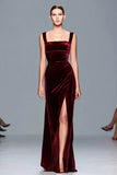 Burgundy Square Neck Velvet Long Formal Dress with Slit